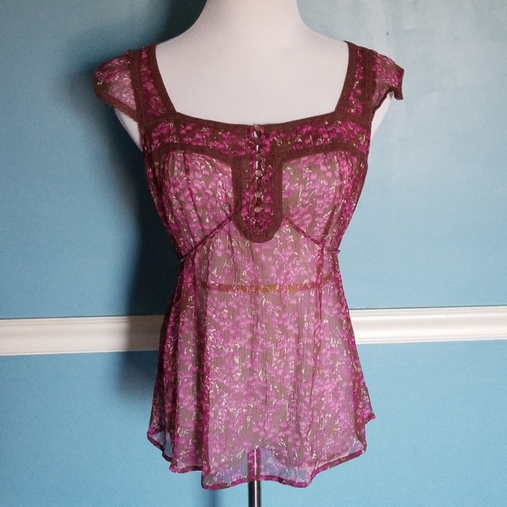 Anthropologie Sheer Silk Short Sleeve Blouse 10